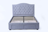 Modern design of the head of a velvet fabric upholstered four drawer storage bed