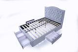 Modern design of the head of a velvet fabric upholstered four drawer storage bed