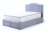 Modern design of the head of a velvet fabric upholstered four drawer storage bed